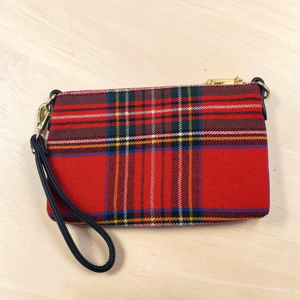 Charming Charlie Red Tartan Plaid Wristlet Clutch Gold Hardware Holiday Festive